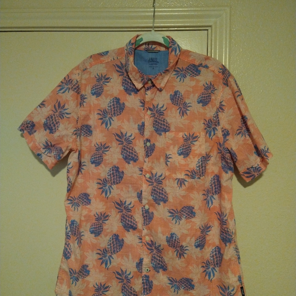 Izod Saltwater Relaxed Classics Pineapple Print Button Down Shirt Men's sz XL.